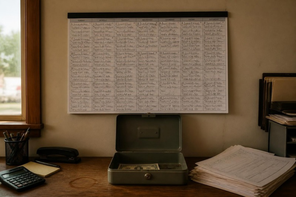 A packed wall calendar above a nearly empty cash box